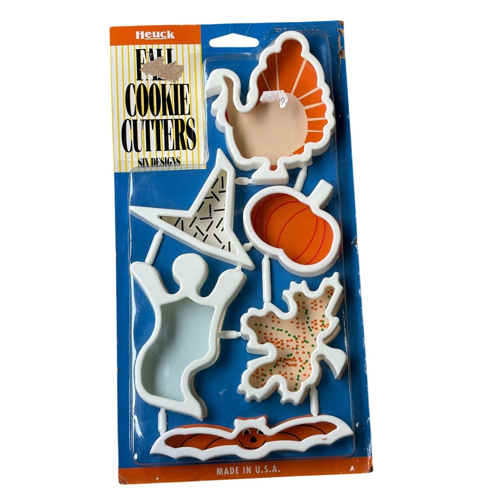 Vintage Heuck Fall Cookie Cutters Set 6 Halloween Thanksgiving Made in USA 80s